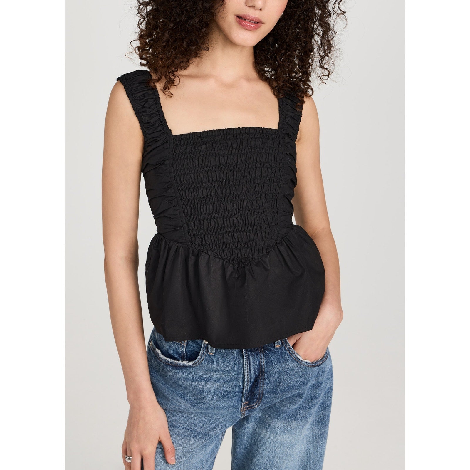 Ganni Black Cotton Poplin Smock Strap Blouse Size 36