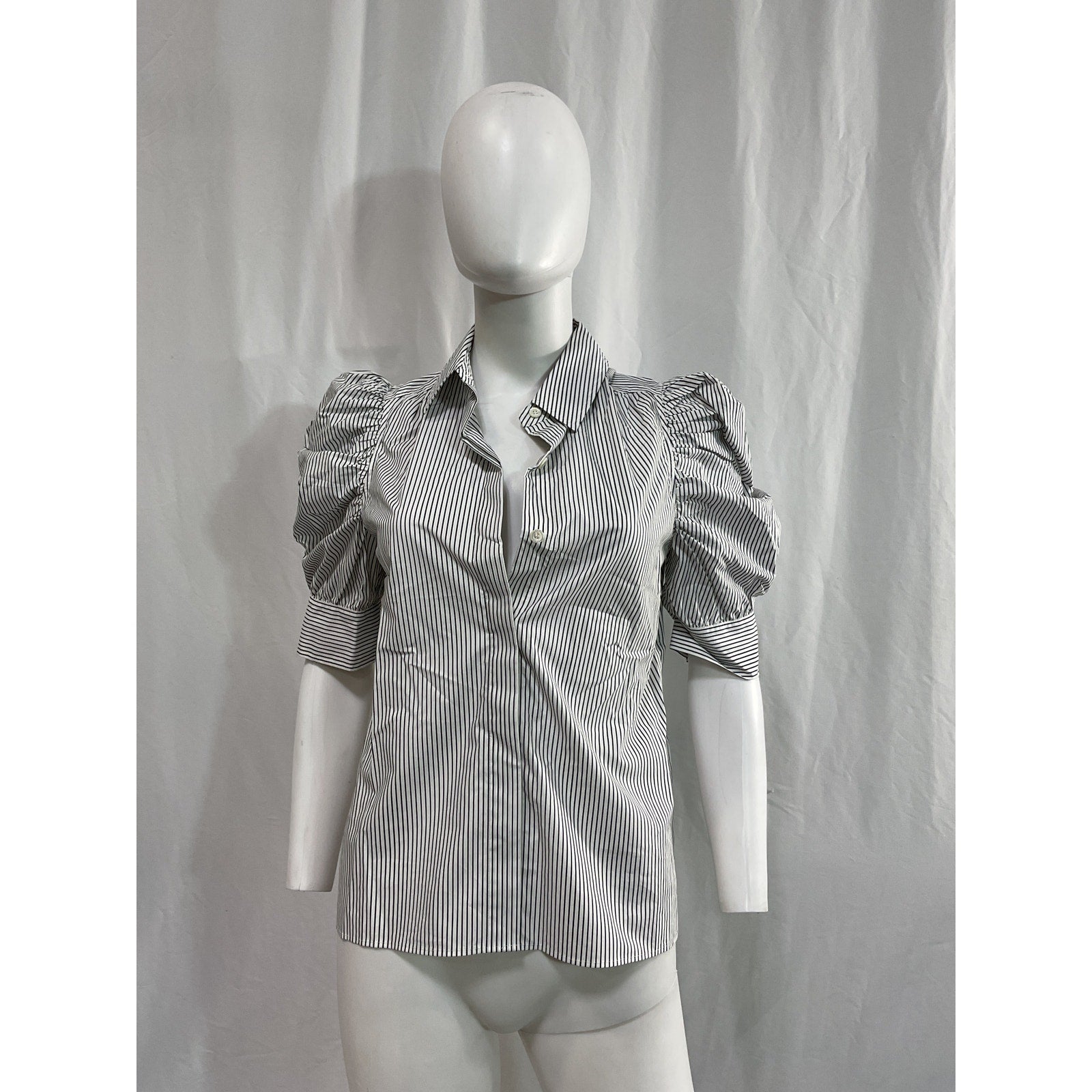 Frame 'Ruched' Black Poplin Puff Sleeve Collared Shirt / Blouse Size XS - NWT