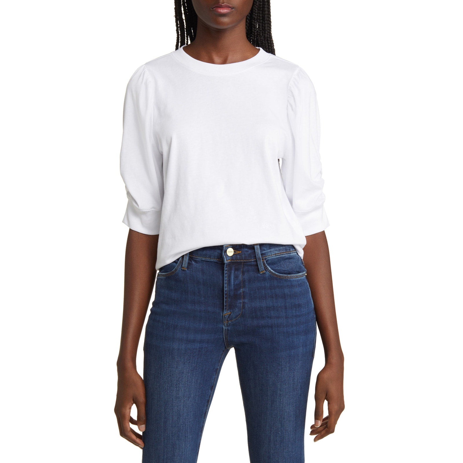 Frankie Puff Sleeve Organic White Cotton Knit Crewneck Elbow Sleeve Top Size S Petite