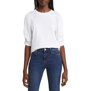 Frankie Puff Sleeve Organic White Cotton Knit Crewneck Elbow Sleeve Top Size S Petite
