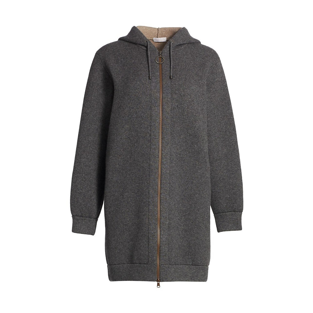 Brunello Cucinelli Grey Cashmere-Blend Long-Line Zip Hooded Cardigan Size XS