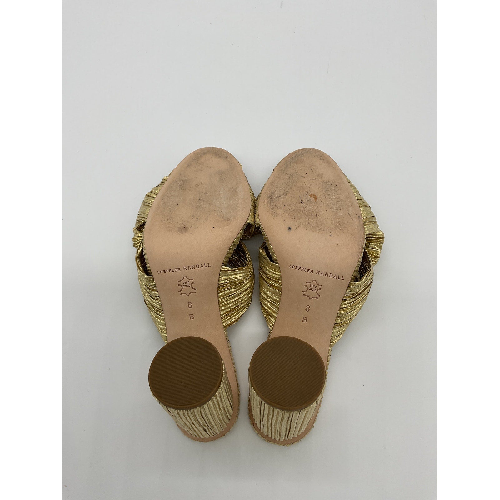 Loeffler Randall 'Penny' Gold Leather High Heel Pleated Knot Slide Sandal Size 8