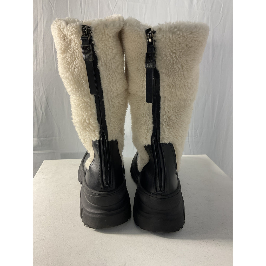 Brunello Cucinelli Black Shearling And Leather Ankle Boots Size 11