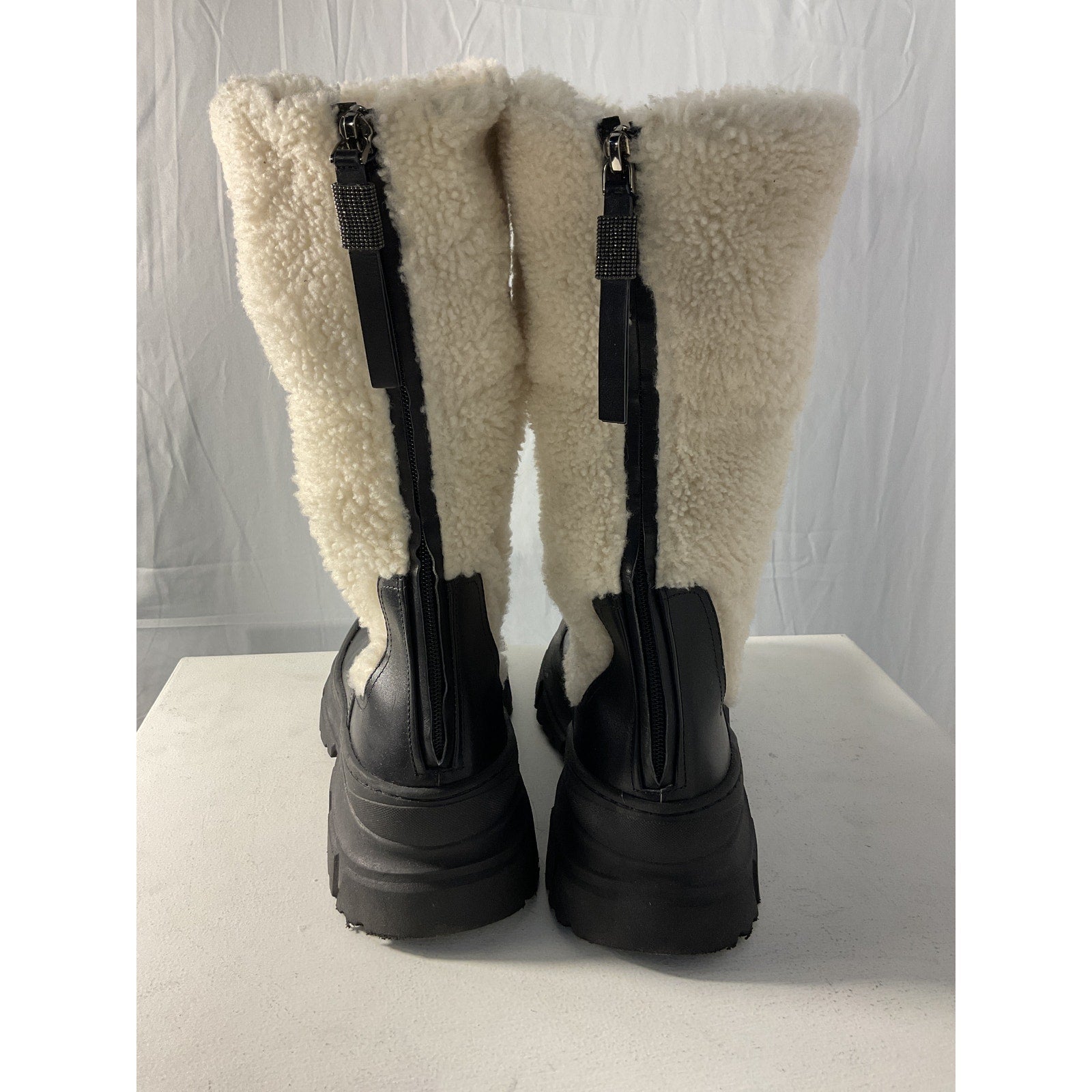 Brunello Cucinelli Black Shearling And Leather Ankle Boots Size 11