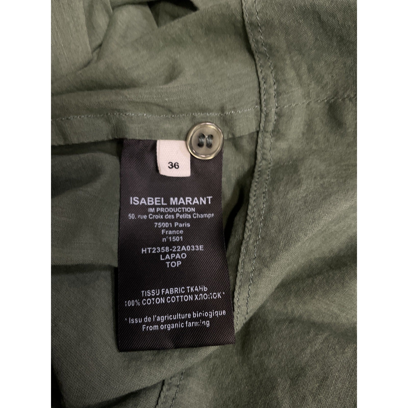 Isabel Marant Étoile 'Lapao' Green Cotton Voile Top Size 4