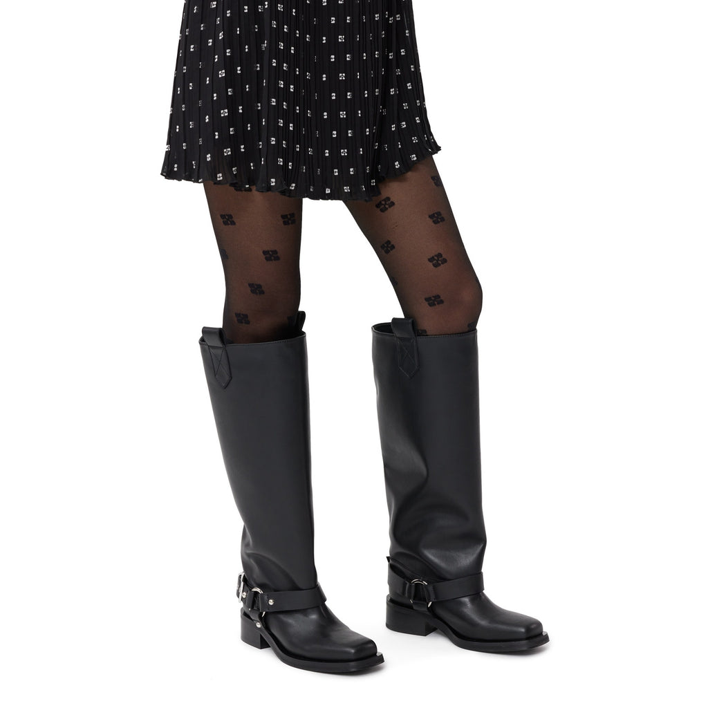 Ganni 'Under-Knee' Black Square Toe Faux Leather Biker Boots Size 10