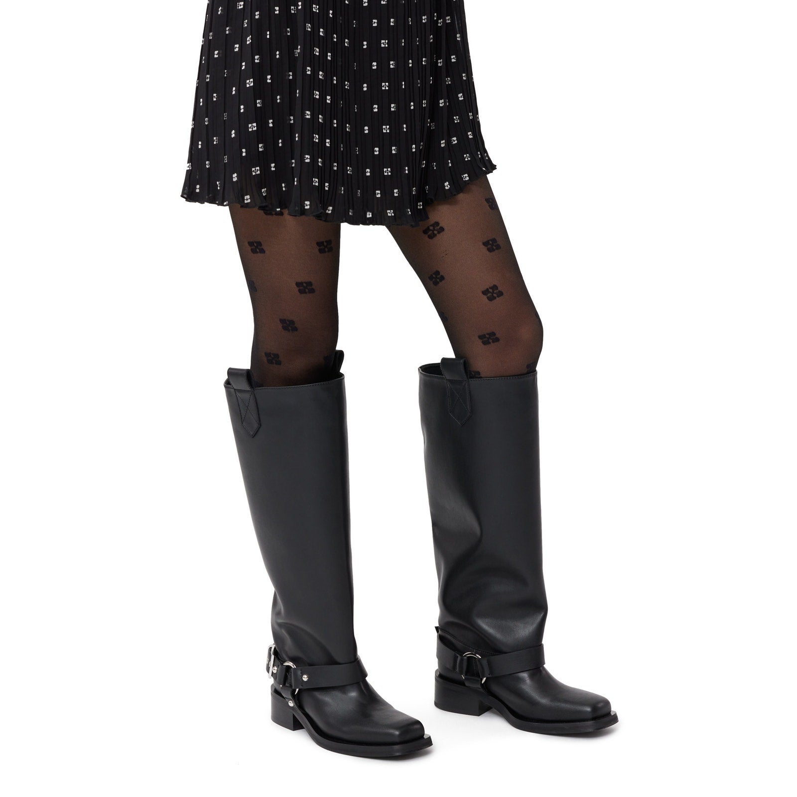 Ganni 'Under-Knee' Black Square Toe Faux Leather Biker Boots Size 10