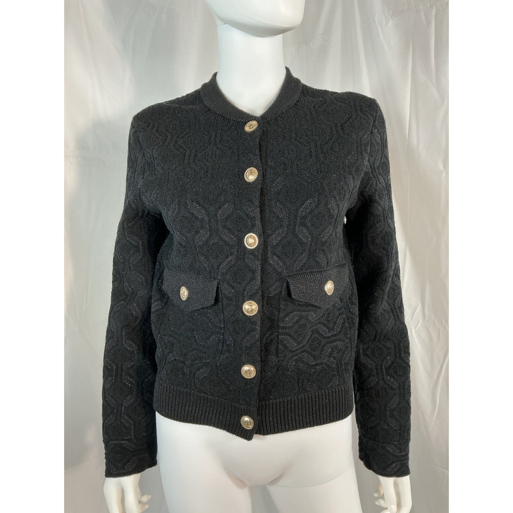 Maje 'Monserra' Black Mocknek Long Sleeve Patterned Cardigan Size S