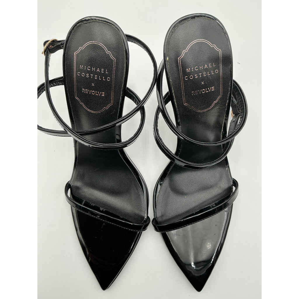 Michael Costello x Revolve 'Sonia' Black Faux Patent Leather Stiletto Heel Sandal Size 8