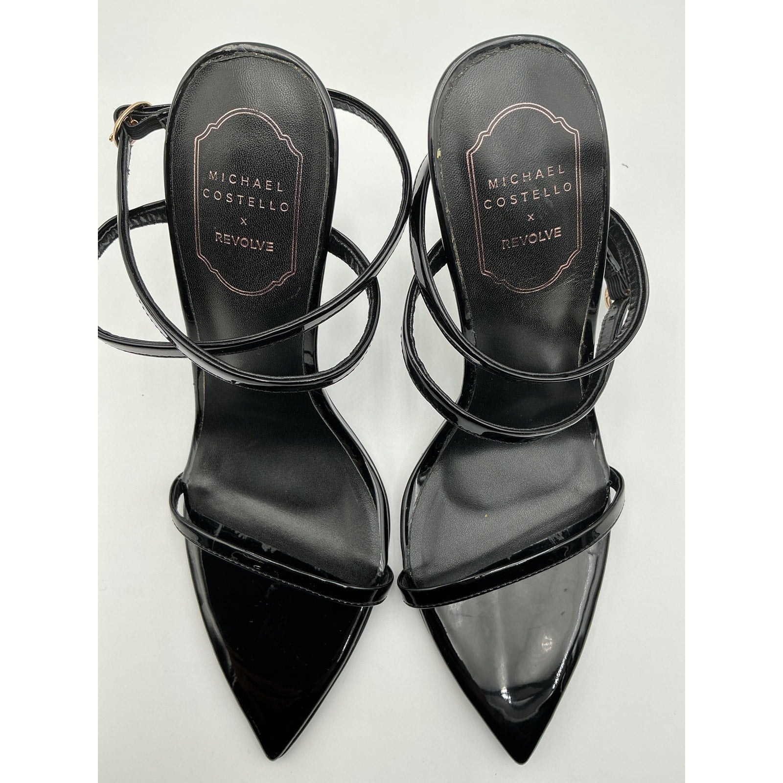 Michael Costello x Revolve 'Sonia' Black Faux Patent Leather Stiletto Heel Sandal Size 8