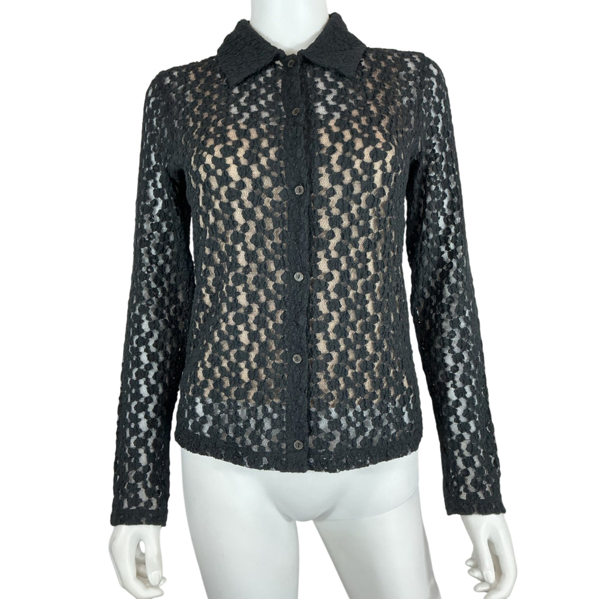 Vince Sheer Black Floral Lace Button-Up Blouse Size M