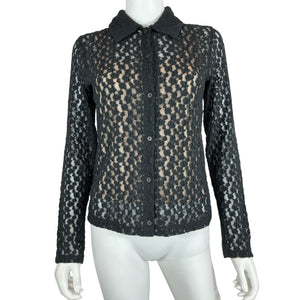 Vince Sheer Black Floral Lace Button-Up Blouse Size M