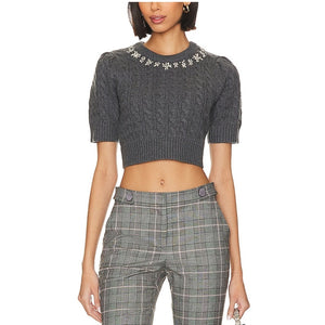 Loveshackfancy Embellished Charcoal Chapelle Sweater Size S