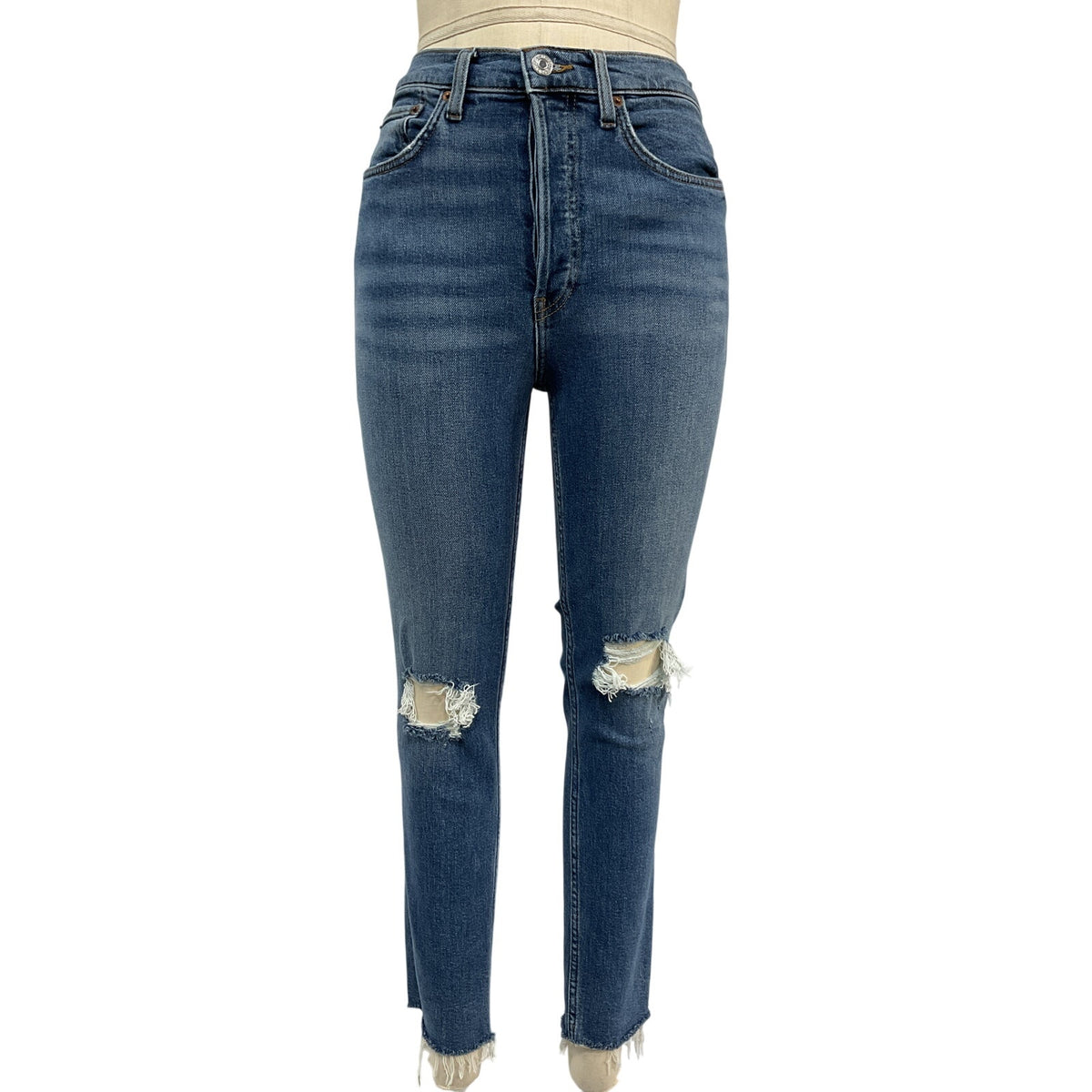 Re/Done Distressed Blue High-Rise Ankle Crop Denim Jeans Size 28