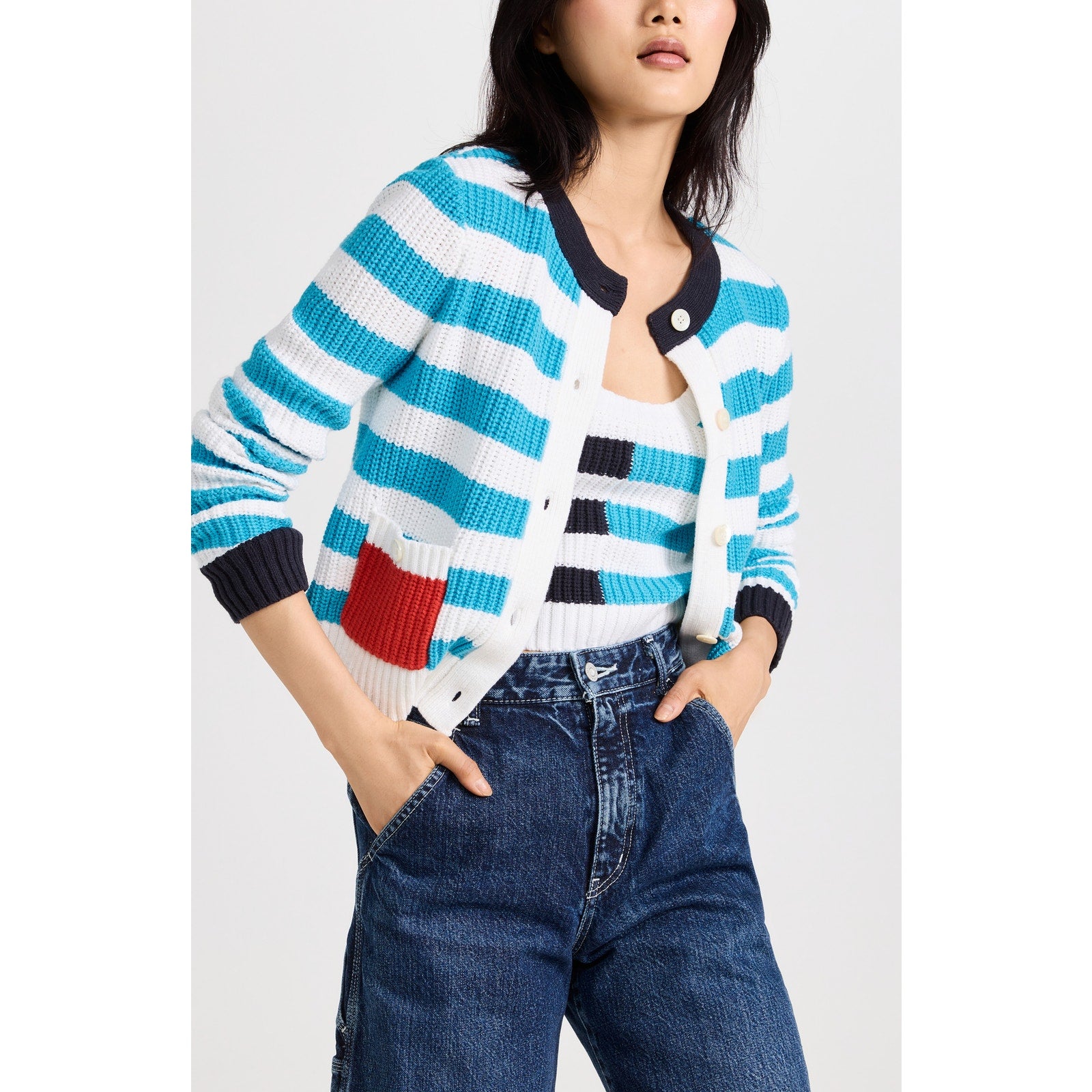 Staud 'Tide' Blue Crewneck Striped Cardigan Size M