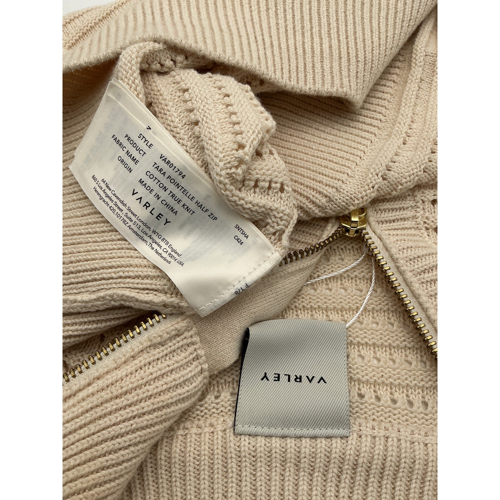 Varley 'Tara' Beige Cotton Pointelle Half Zip Sweater Size S