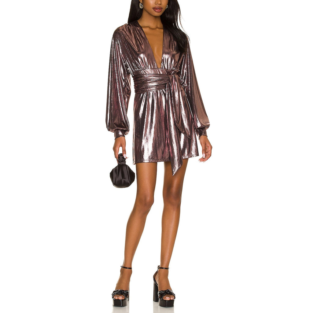 House Of Harlow 1960 'Bourdin' Brown Sheen Metallic Mini Waist Tie Dress Size XL