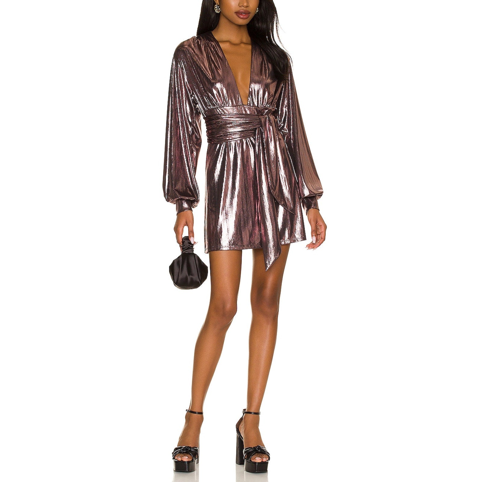 House Of Harlow 1960 'Bourdin' Brown Sheen Metallic Mini Waist Tie Dress Size XL