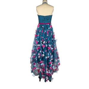 Marchesa Notte Embellished Teal Floral Applique Halter Dress Size 4