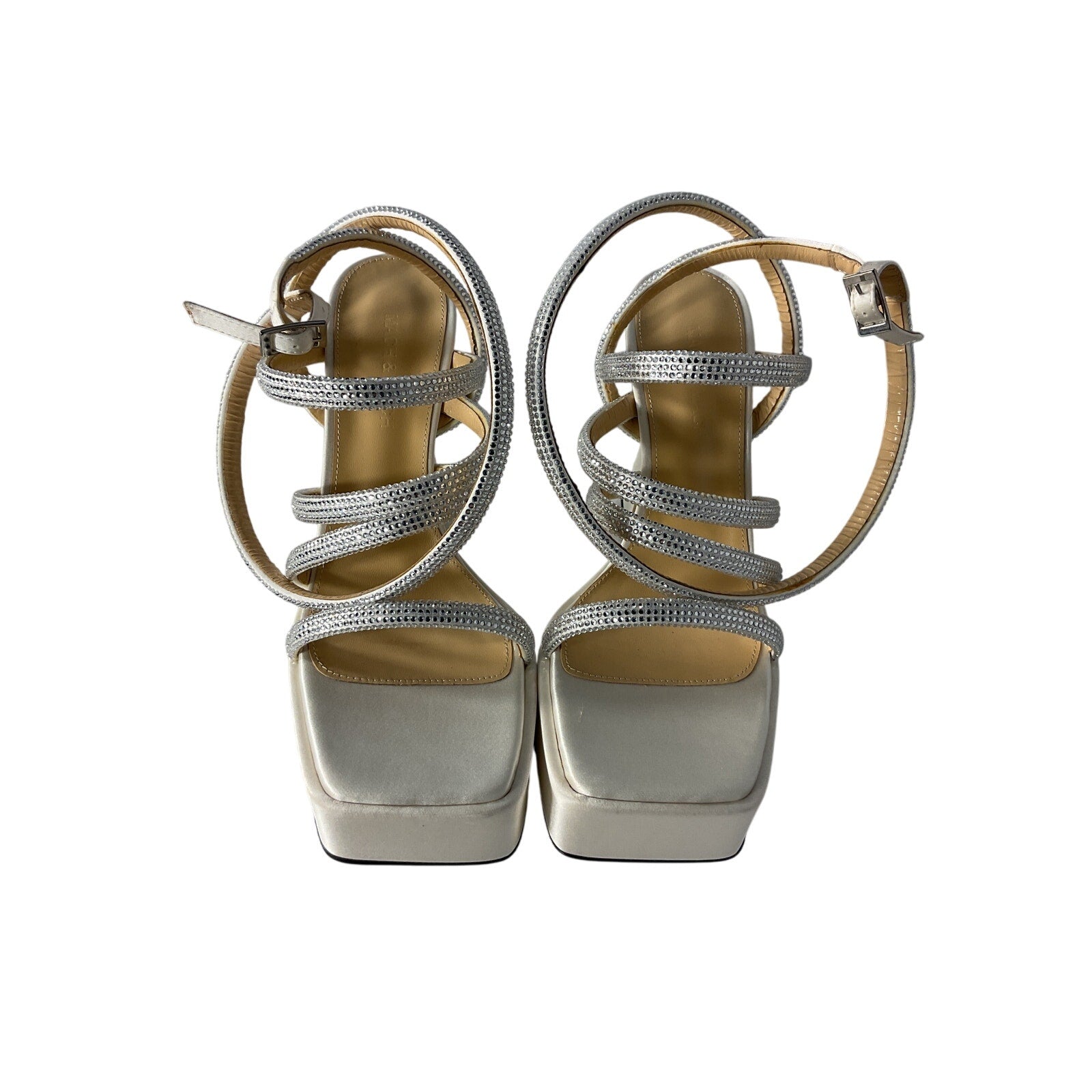 Mach & Mach Crystal-Embellished White Satin Platform Sandals Size 8.5