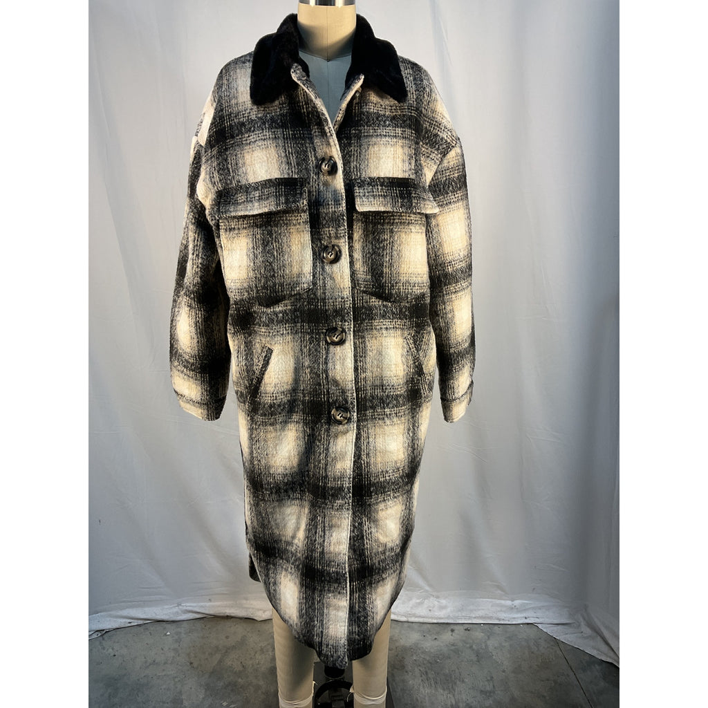 Apparis James Faux Fur Black Polyester Lined Plaid Shirt Coat Size M