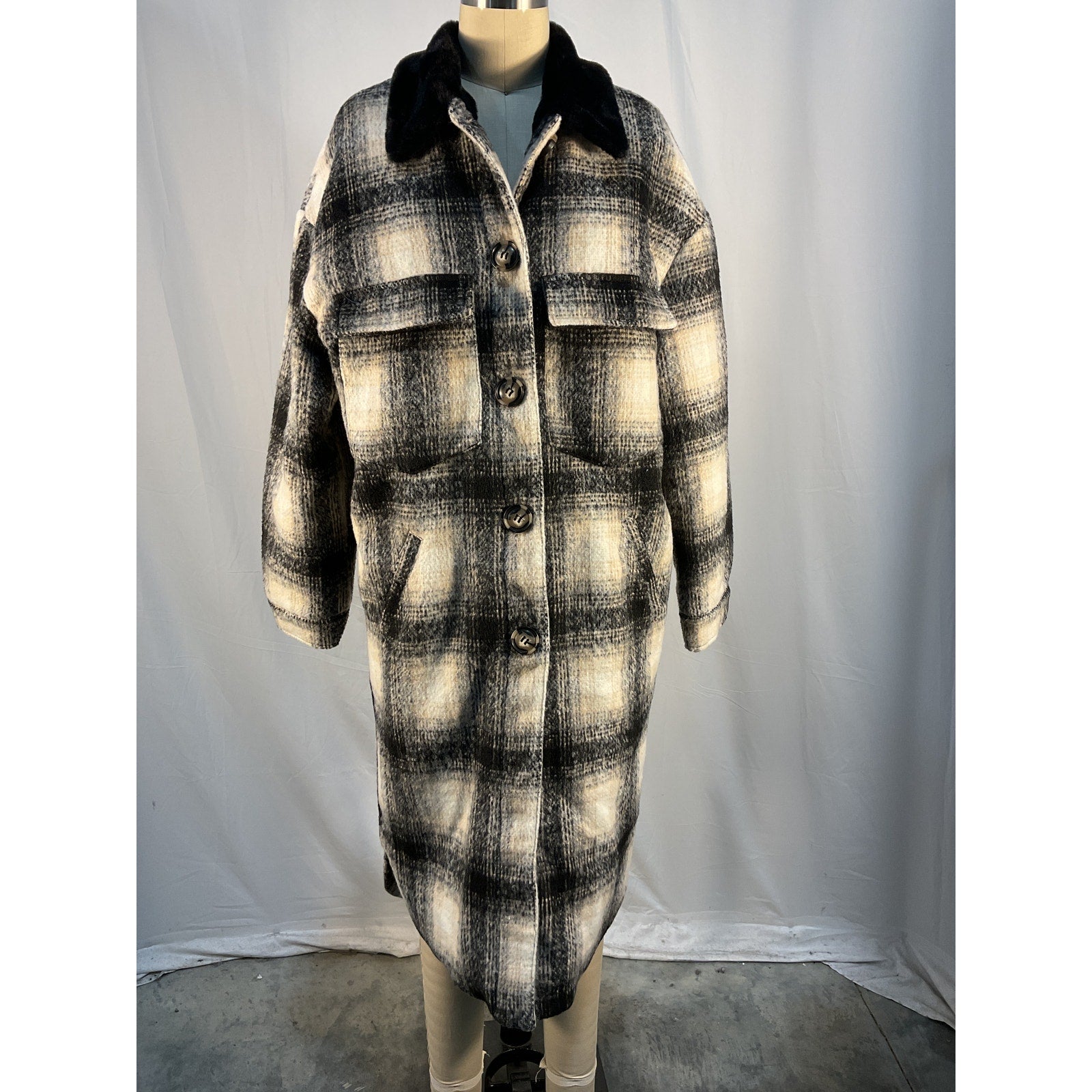 Apparis James Faux Fur Black Polyester Lined Plaid Shirt Coat Size M