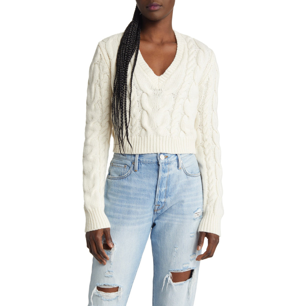Frame Cable Crop White Merino Wool Sweater Size M
