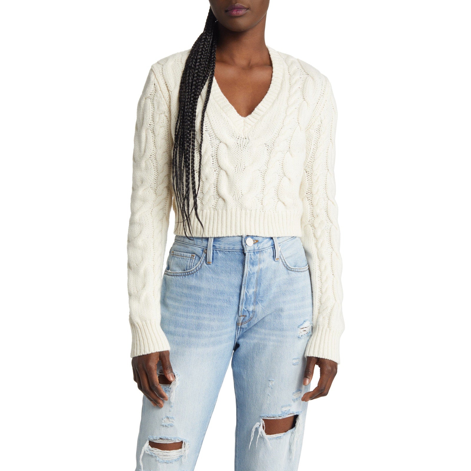 Frame Cable Crop White Merino Wool Sweater Size M