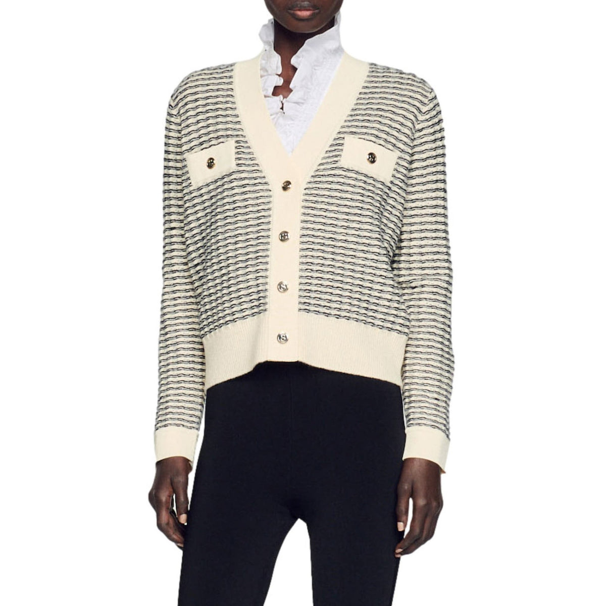 Sandro 'Stripe' White Wool & Cashmere Cardigan Size 0