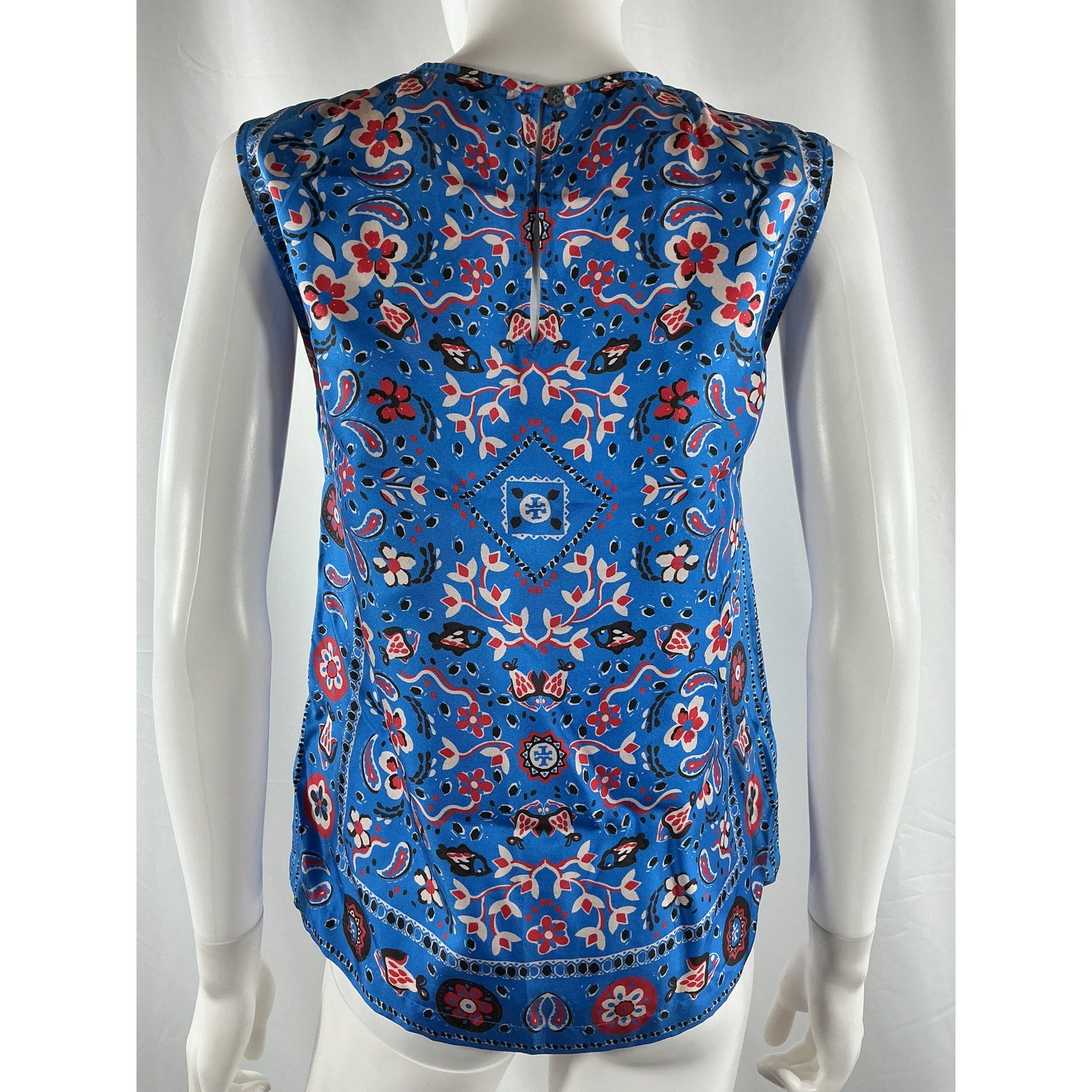 Tory Burch Printed Blue Silk Shell Top Size 2