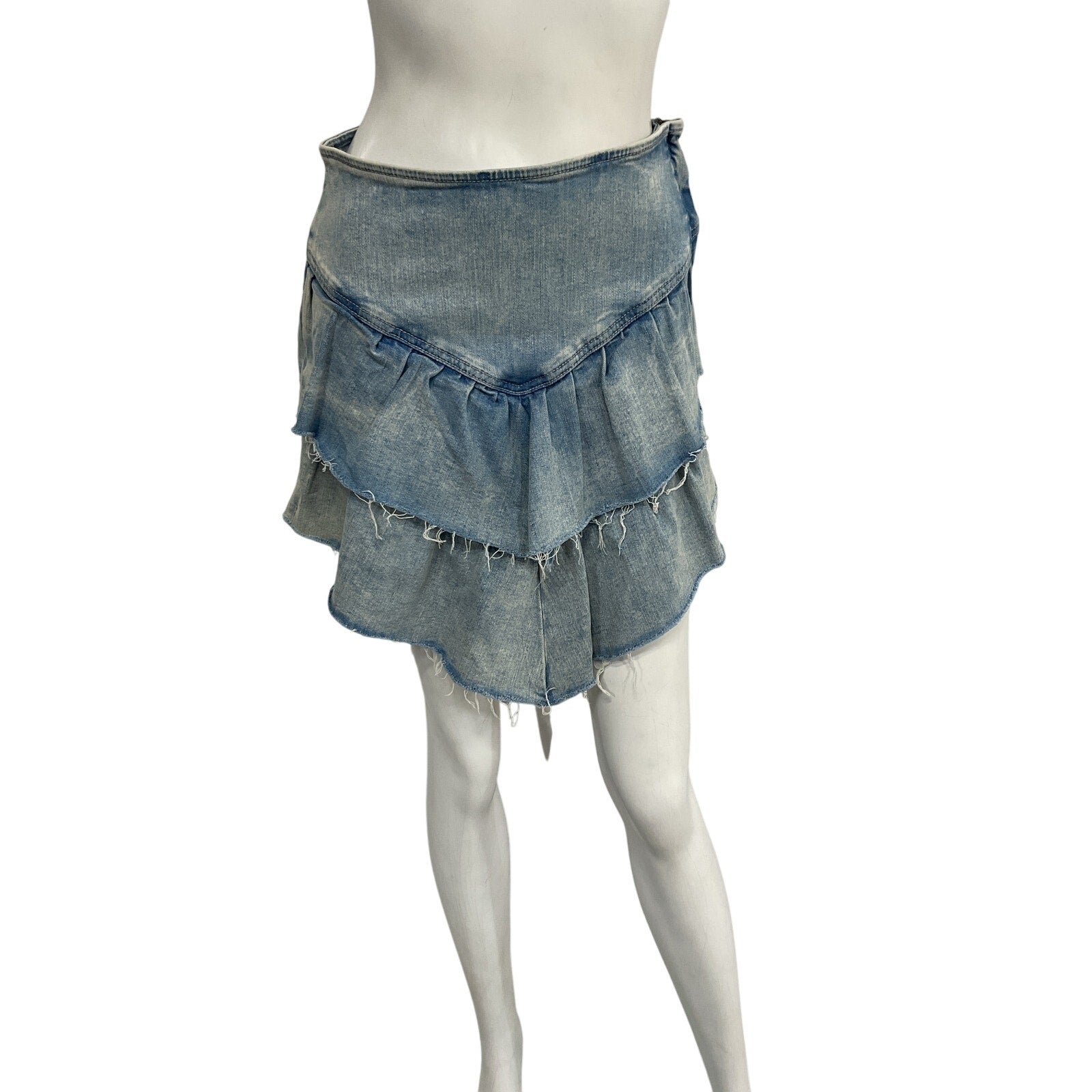 Mother 'The Ruffle' Blue Cotton Mini Raw Edge Skirt Size 27