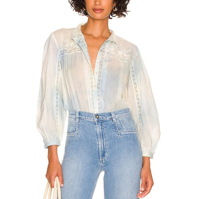 LoveShackFancy Hand Dyed Apple Green And Light Blue Ronda Blouse Size M