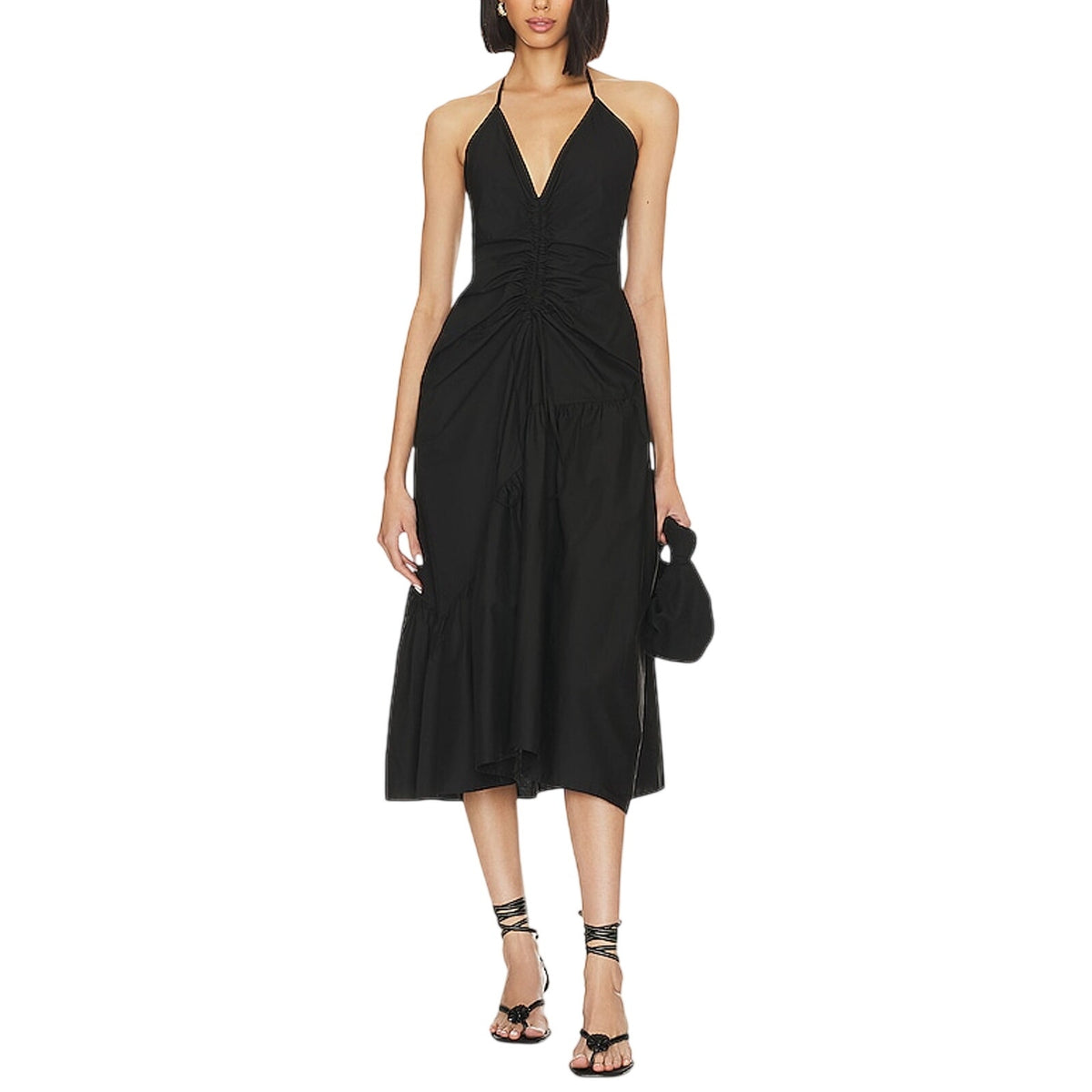 L'Academie Ruched Black Stanza Midi Dress Size M