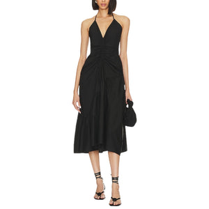 L'Academie Ruched Black Stanza Midi Dress Size M