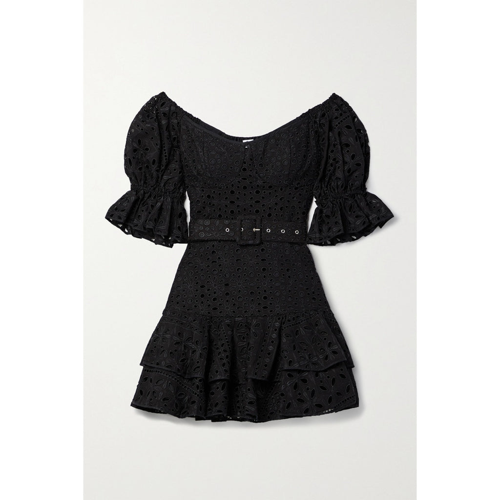 Charo Ruiz Denim Jean Off-The-Shoulder Black Belted Broderie Anglaise Cotton-Blend Mini Dress Size XS