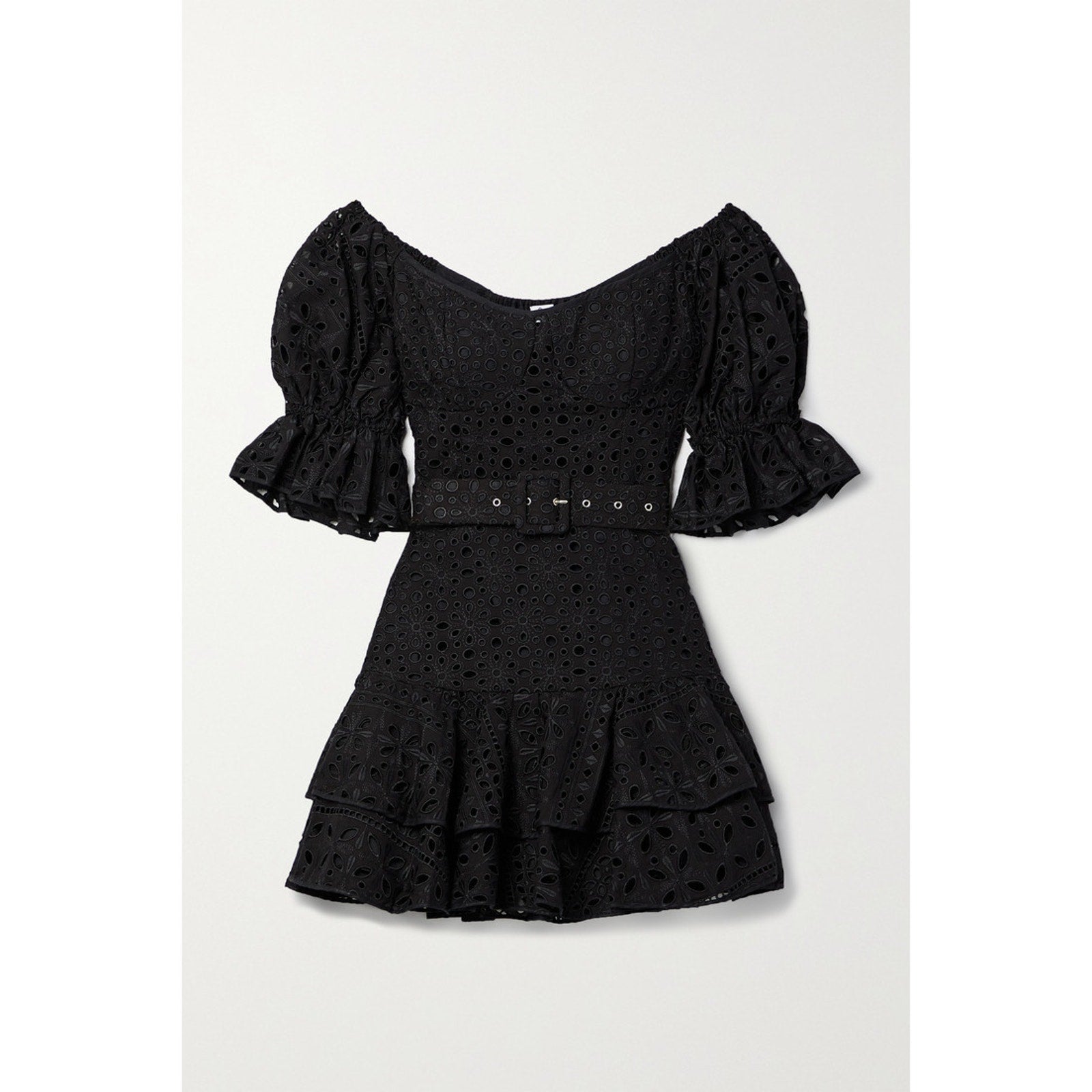 Charo Ruiz Denim Jean Off-The-Shoulder Black Belted Broderie Anglaise Cotton-Blend Mini Dress Size XS
