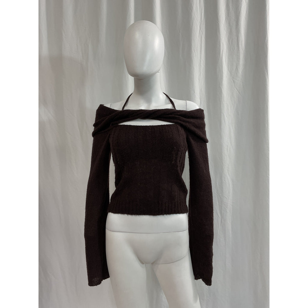 Simkhai 'Cambria' Brown Long Sleeve Halter Tie Sheer Alpaca Top Size XS