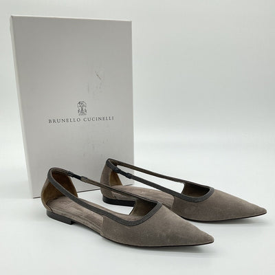 Brunello Cucinelli Bead-Embellished Dark Gray Point-Toe Flats Size IT 39 / US 9