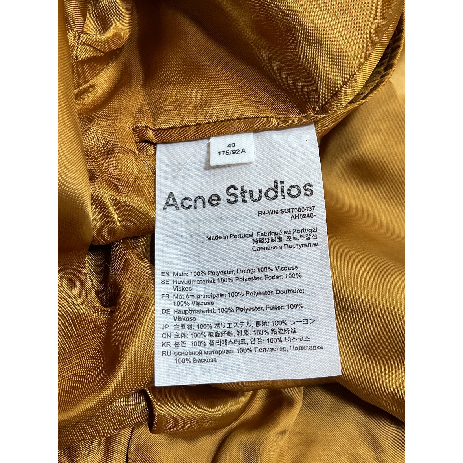 Acne Studios Yellow Polyester Single Button Blazer Size 40