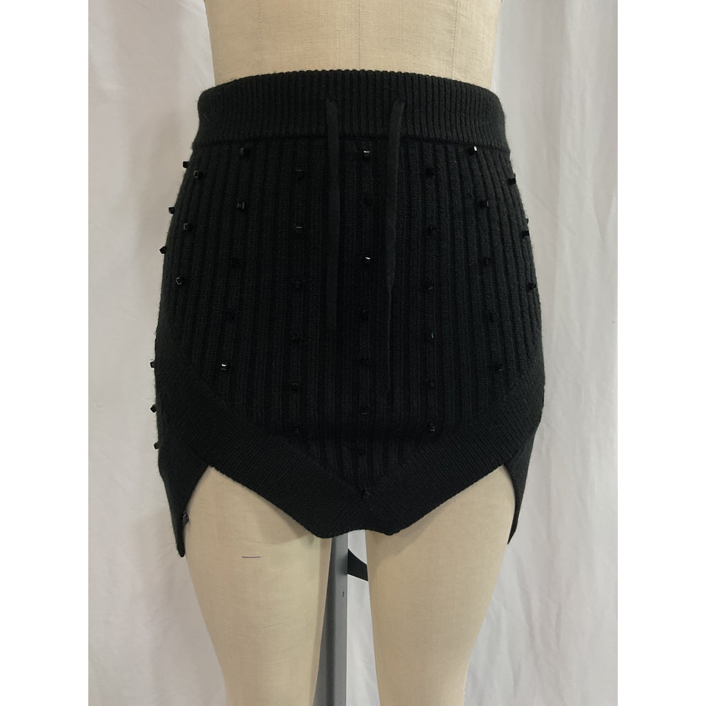David Koma 'Asymmetric' Black Cryatal Embellished Ribbed-Knit Mini Skirt Size S