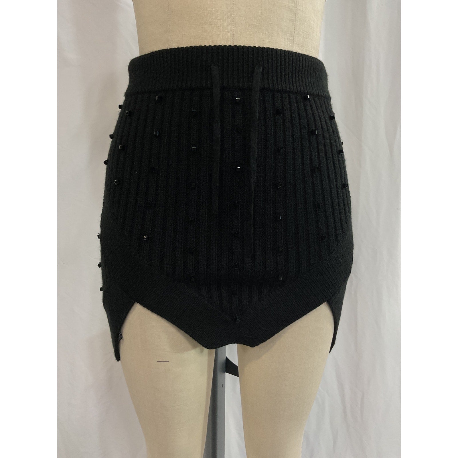 David Koma 'Asymmetric' Black Cryatal Embellished Ribbed-Knit Mini Skirt Size S