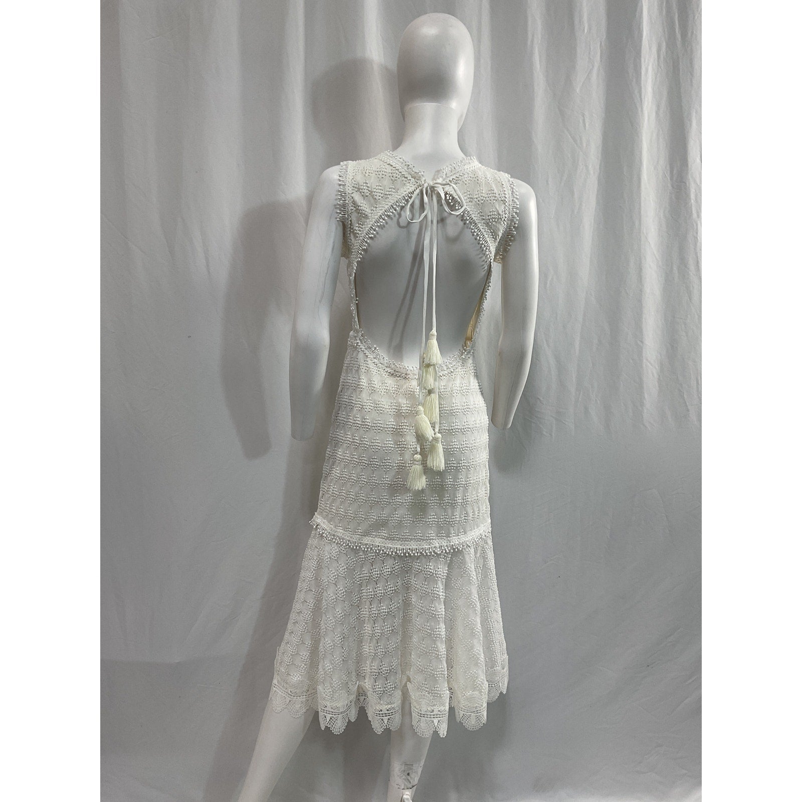 Waimari 'Lluvia' White Tassel Back Tie Lace Midi Dress Size XS
