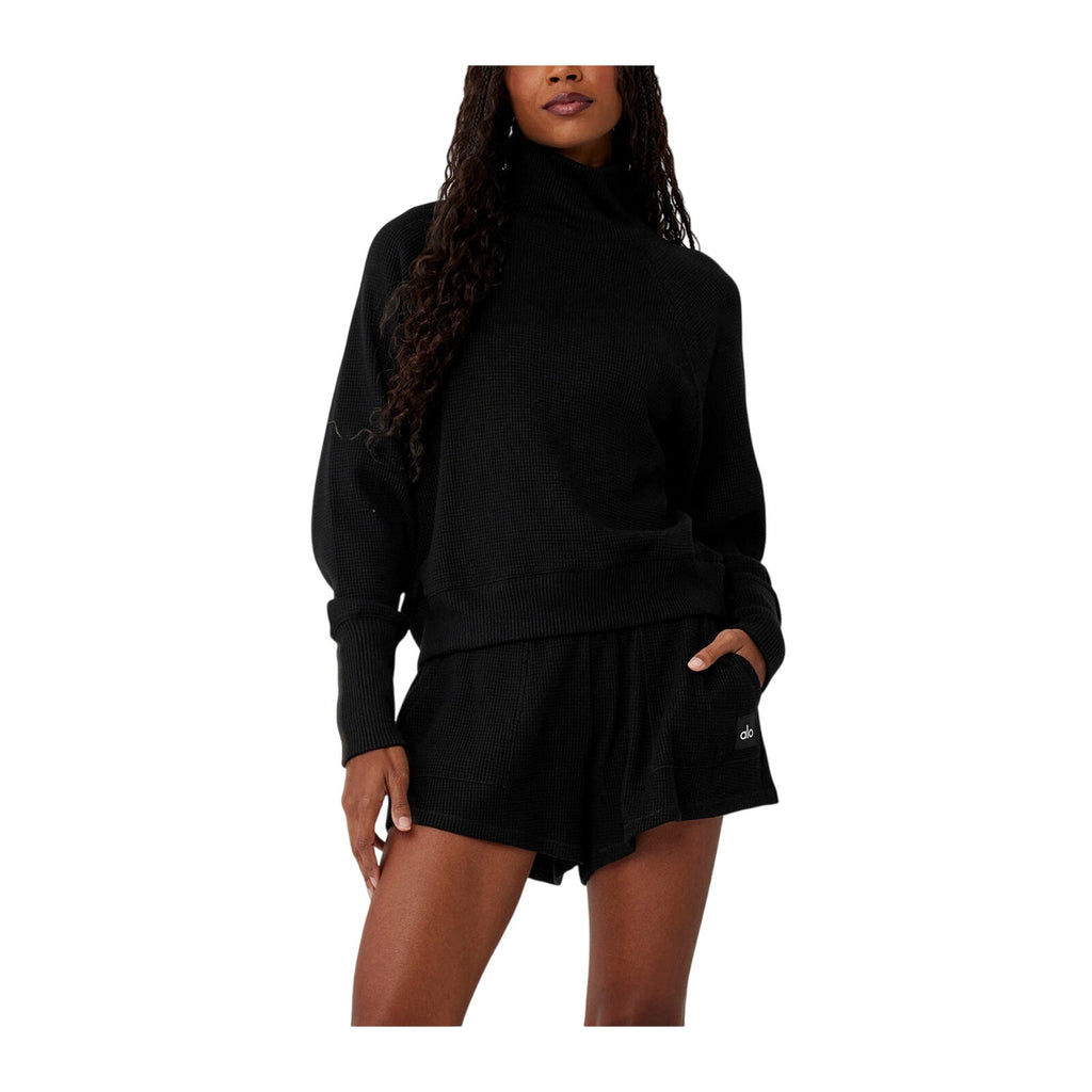 Alo Yoga 'Waffle' Black Weekend Escape Mock Neck Long Sleeve Top Size S