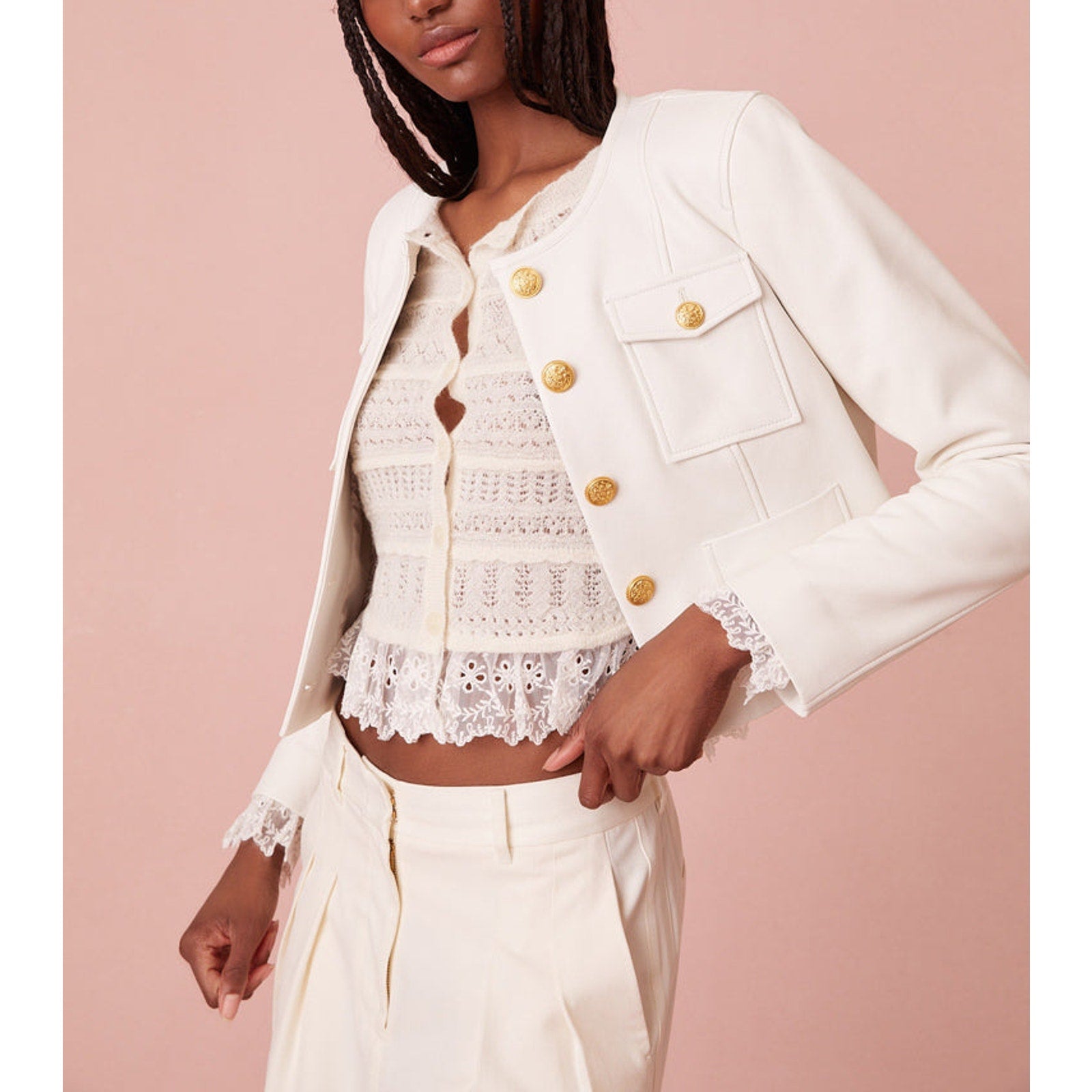 Loveshackfancy 'Xander' White Leather Cropped Leather Jacket Size 4 - NWT