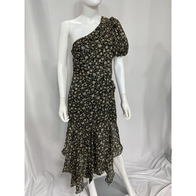 Astr The Label 'Santorini' Black One Shoulder Chiffon Puff Sleeve Midi Dress Size M