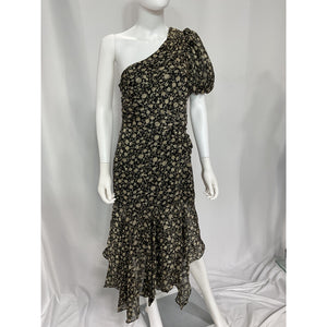 Astr The Label 'Santorini' Black One Shoulder Chiffon Puff Sleeve Midi Dress Size M