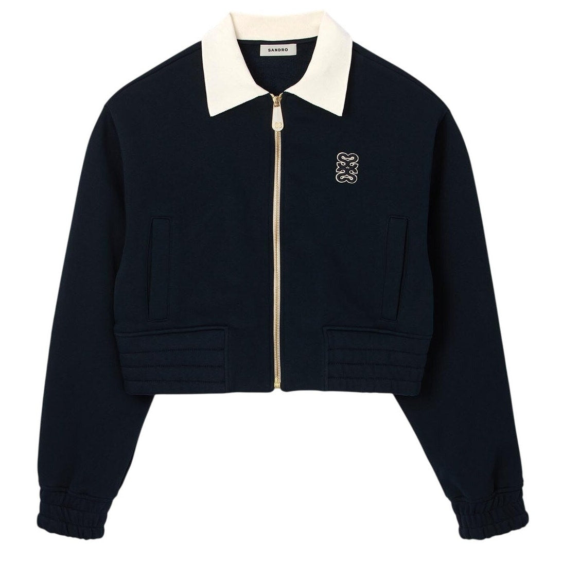 Sandro Cropped Blue Contrast Collar Zip Sweatshirt Size XS
