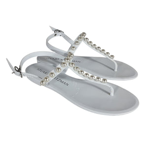 Stuart Weitzman Pearl Embellished White Goldie Thong Sandals Size 7