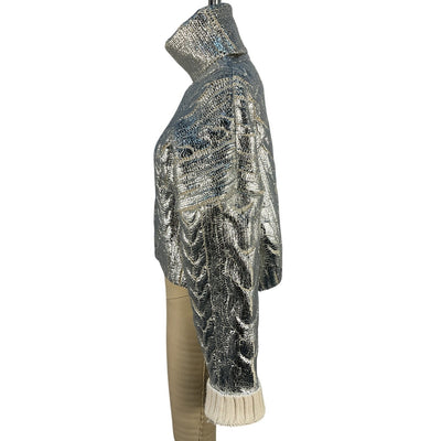 Balmain Metallic Silver Cable Knit Turtleneck Sweater Size FR 36 / US 2