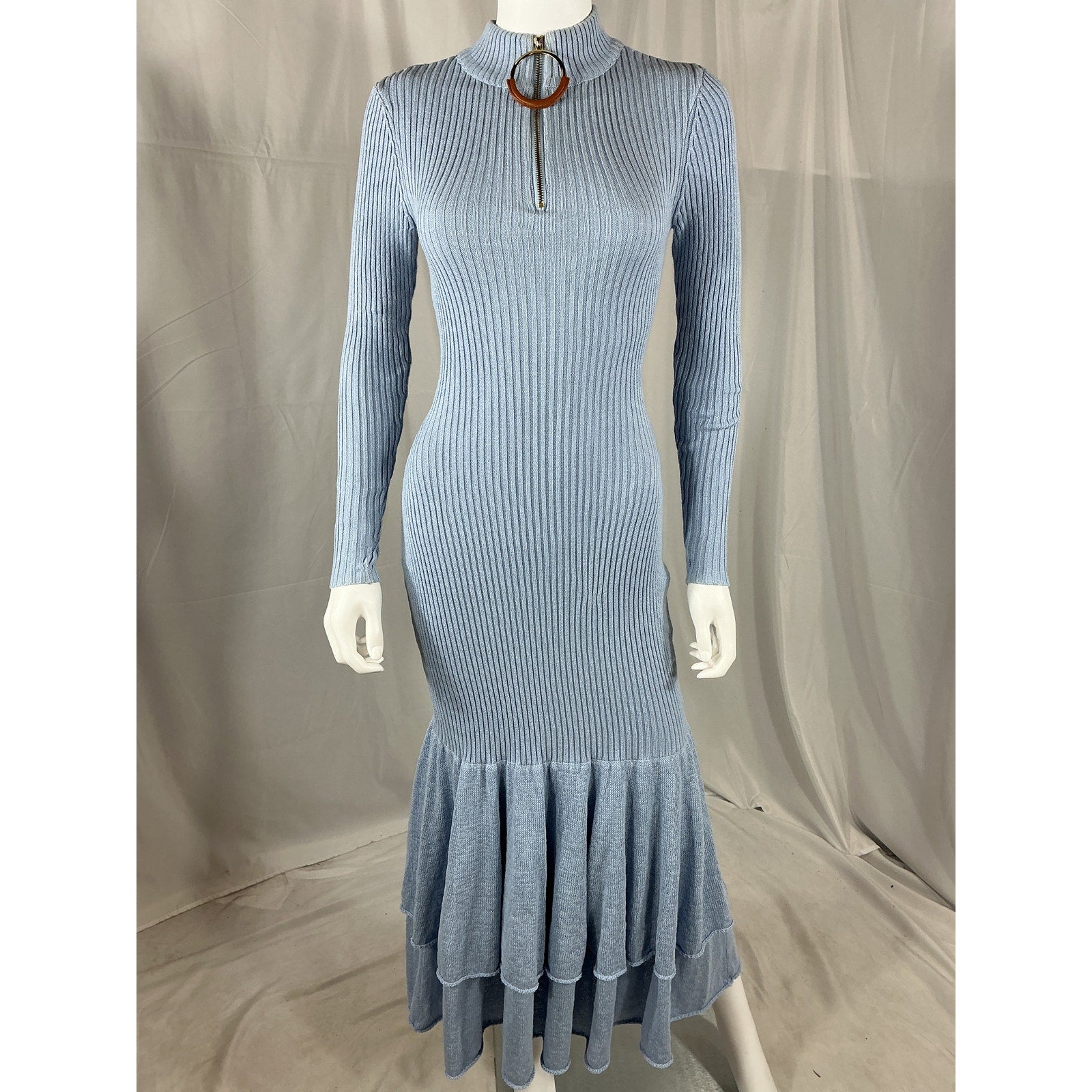 Jw Anderson Tiered Ribbed Blue Cotton Maxi Dress Size XS